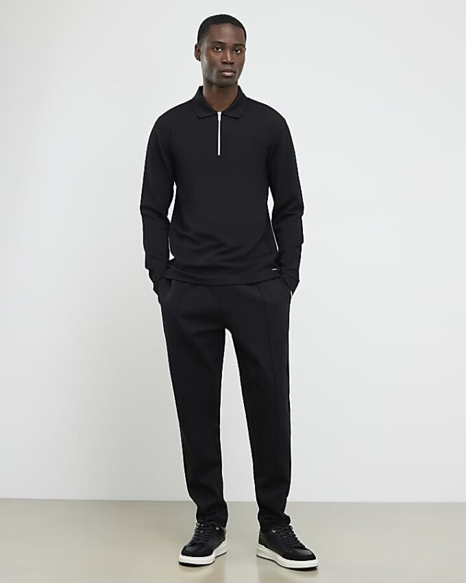 Svart slim fit-polotröja med struktur