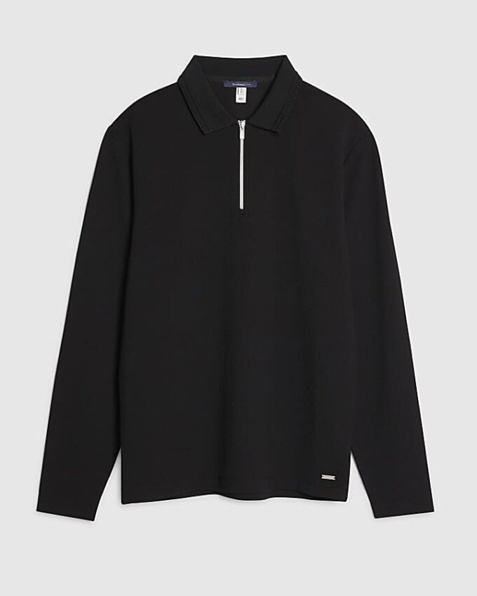 Svart slim fit-polotröja med struktur