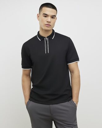 Svart slim fit-polotröja med textur och dragkedja