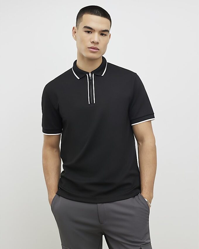 Svart slim fit-polotröja med textur och dragkedja