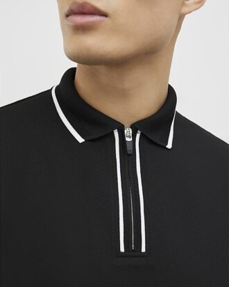 Svart slim fit-polotröja med textur och dragkedja