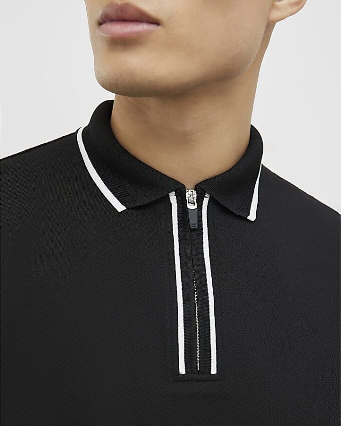 Svart slim fit-polotröja med textur och dragkedja
