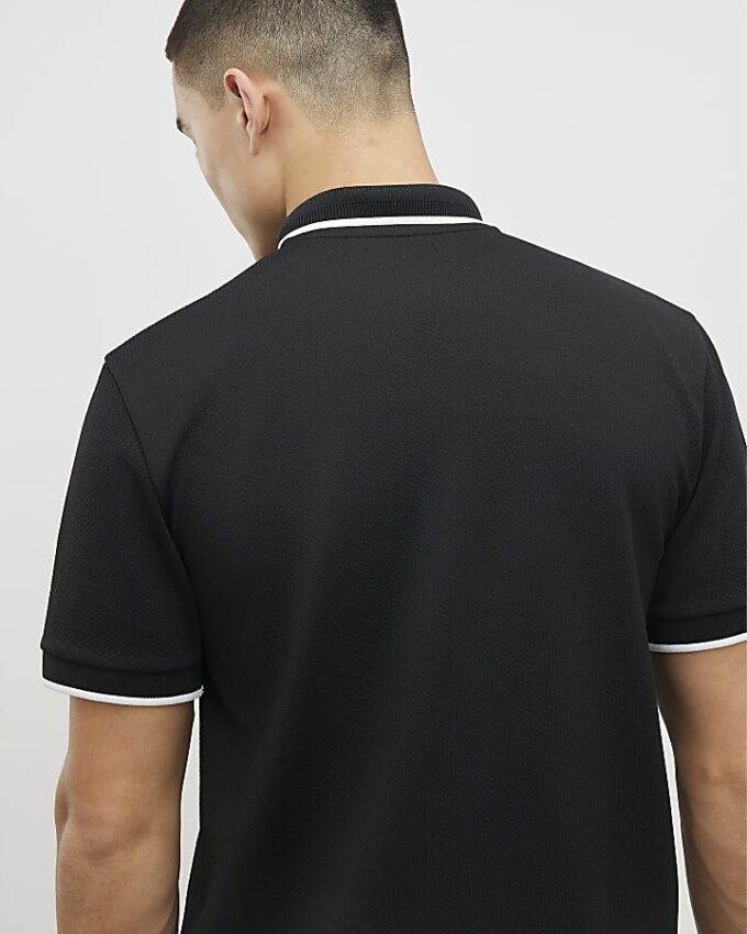 Svart slim fit-polotröja med textur och dragkedja