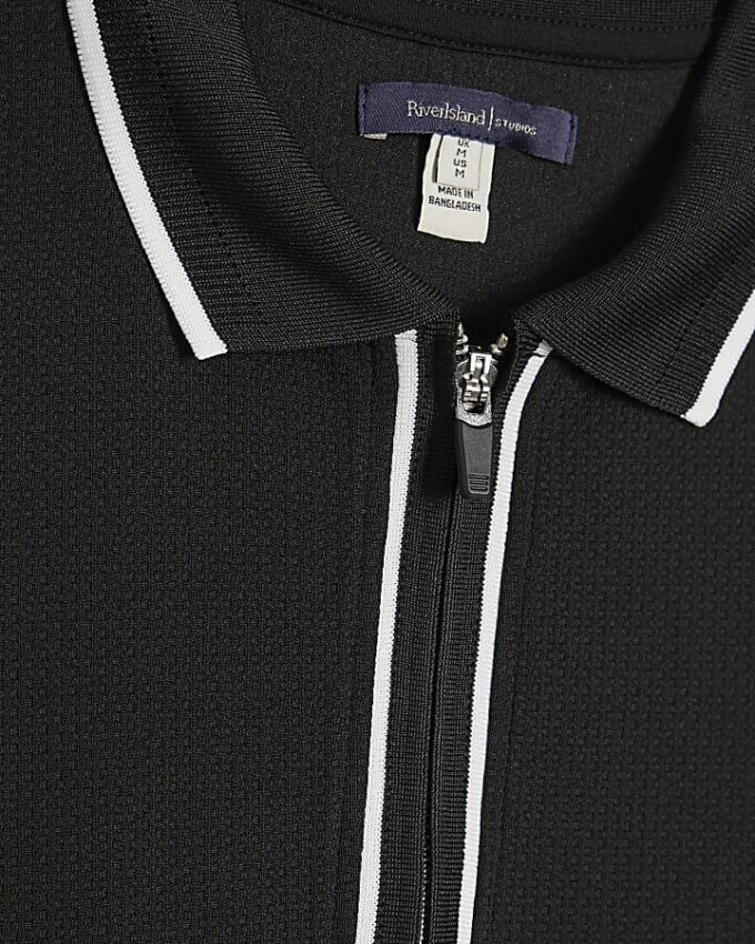 Svart slim fit-polotröja med textur och dragkedja