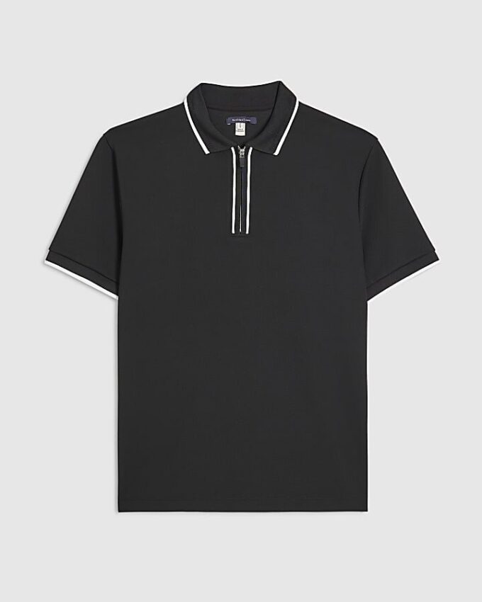 Svart slim fit-polotröja med textur och dragkedja