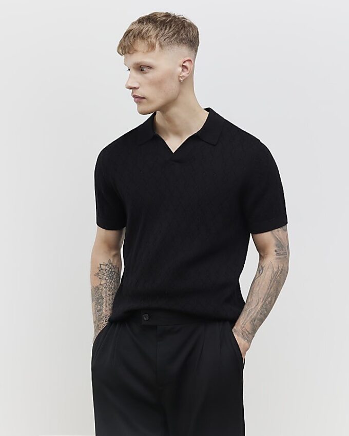 Svart slim fit-skjorta med öppen krage
