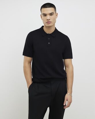 Svart slim fit-stickad polotröja