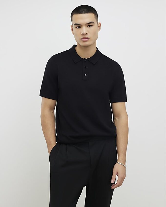 Svart slim fit-stickad polotröja
