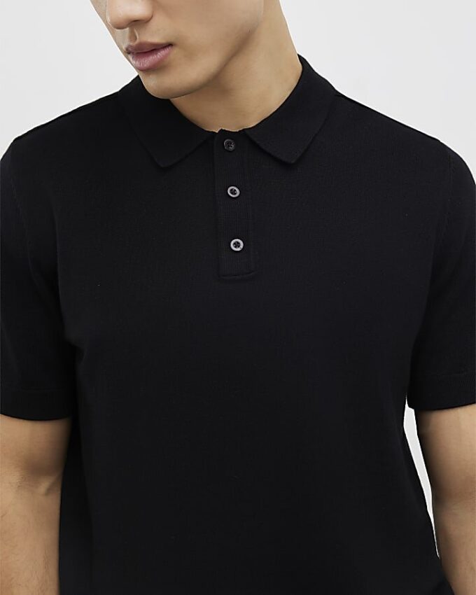 Svart slim fit-stickad polotröja