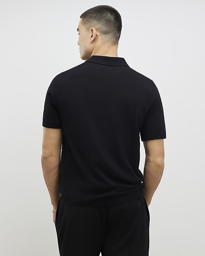 Svart slim fit-stickad polotröja