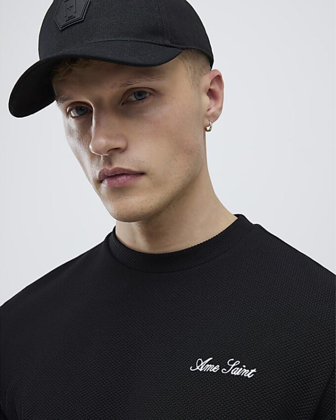 Svart Slim Fit Textured Ame Saint T-shirt