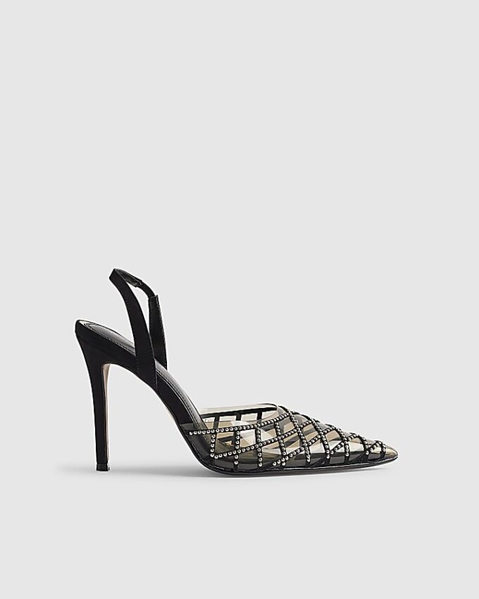 Svart slingback-klack med nitar i perspex