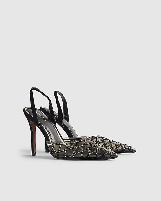 Svart slingback-klack med nitar i perspex