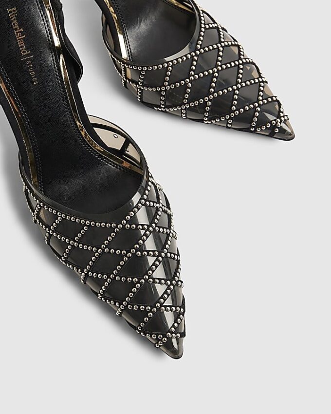 Svart slingback-klack med nitar i perspex