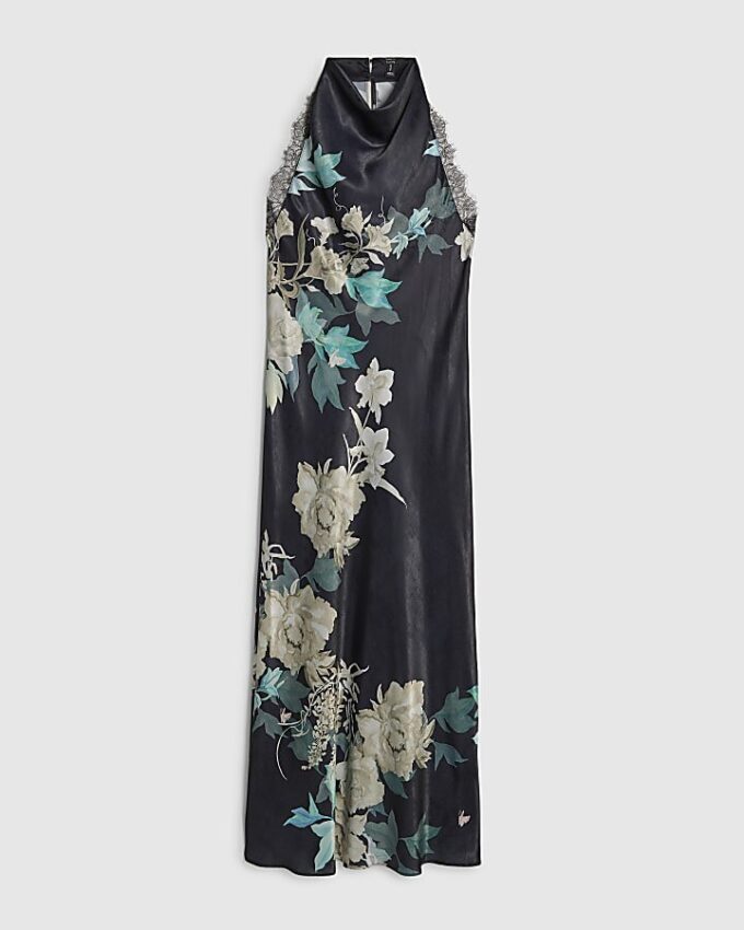 Svart slipklänning med blommönster och spetsar