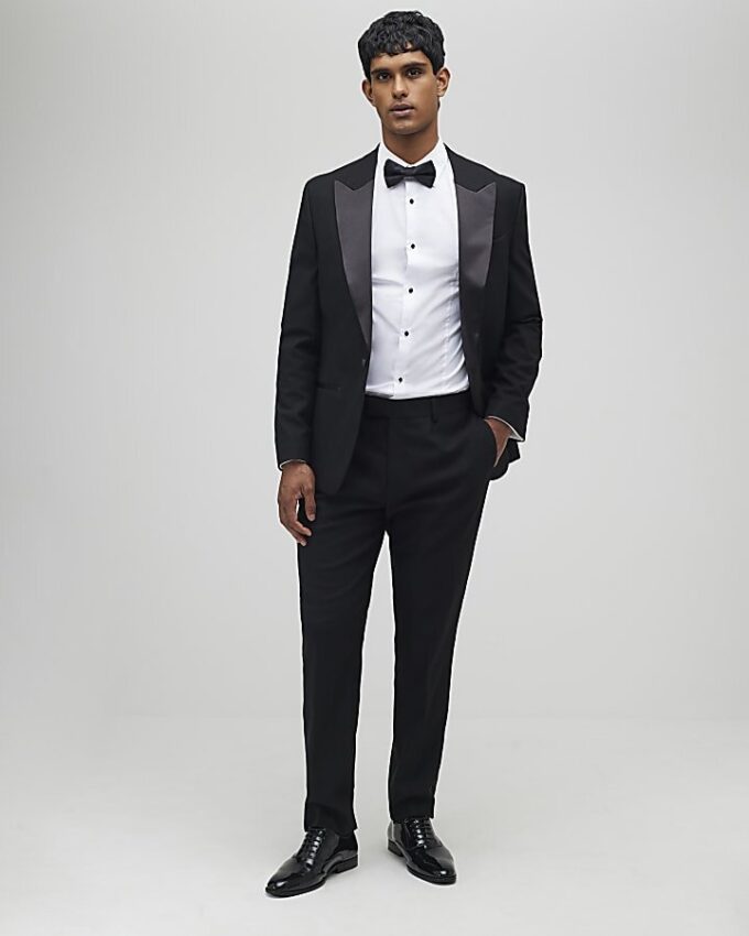 Svart stretchig slim fit-smokingbyxa