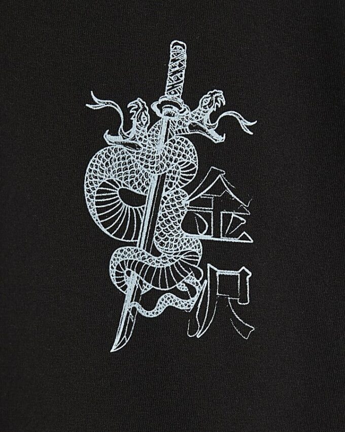 Svart T-shirt med normal passform och Kanazawa-ormmotiv