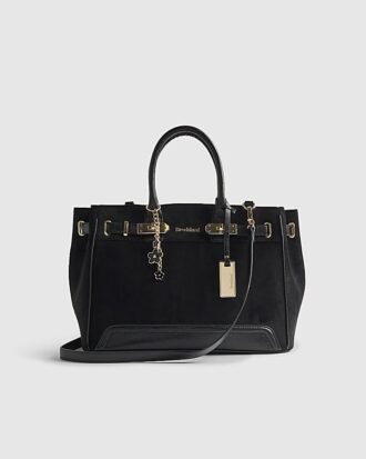 Svart totebag i mjukt imitationsmocka med lås fram