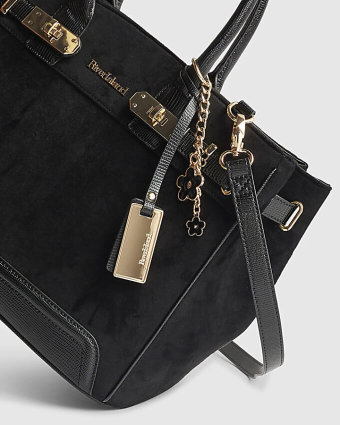 Svart totebag i mjukt imitationsmocka med lås fram