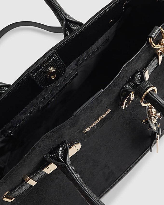 Svart totebag i mjukt imitationsmocka med lås fram