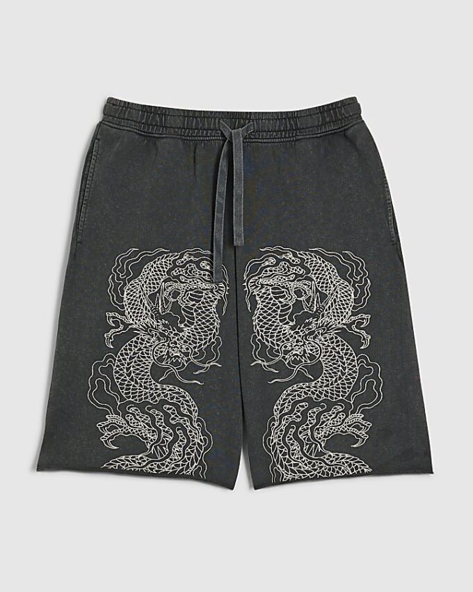 Svarta shorts med broderad japansk drake