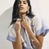 Vit broderad playsuit med patchwork-ränder