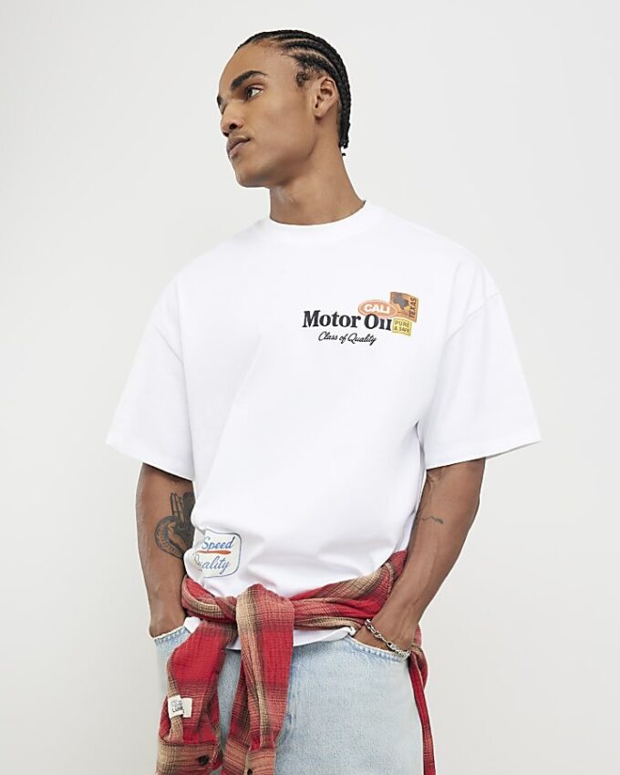 Vit oversized-passformad Motor Oil Bull T-shirt