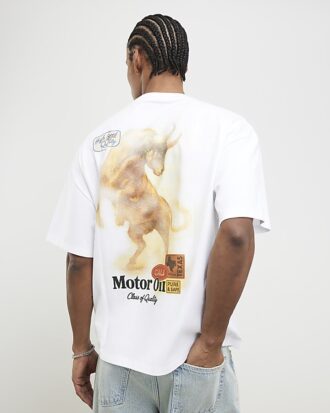 Vit oversized-passformad Motor Oil Bull T-shirt