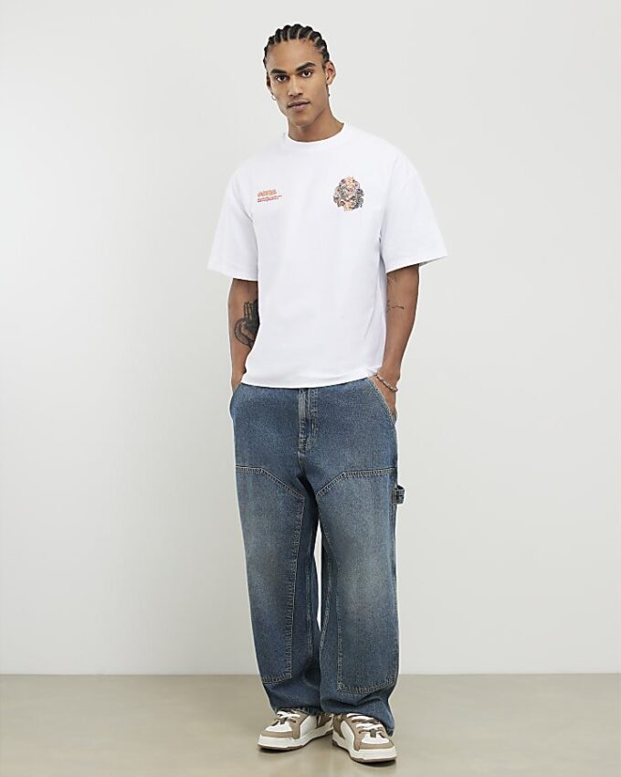 Vit oversized-passformad T-shirt med drakgraffiti