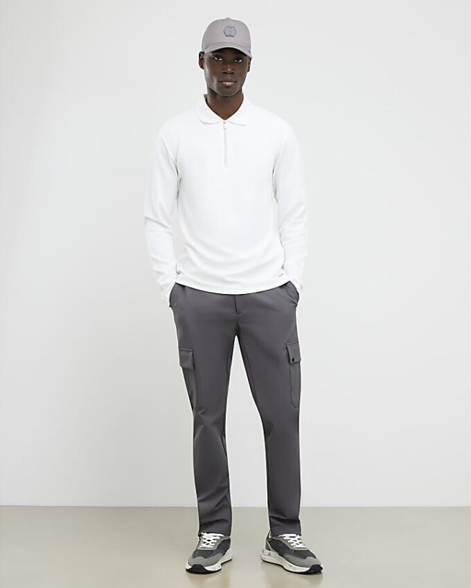 Vit slim fit-polotröja med struktur