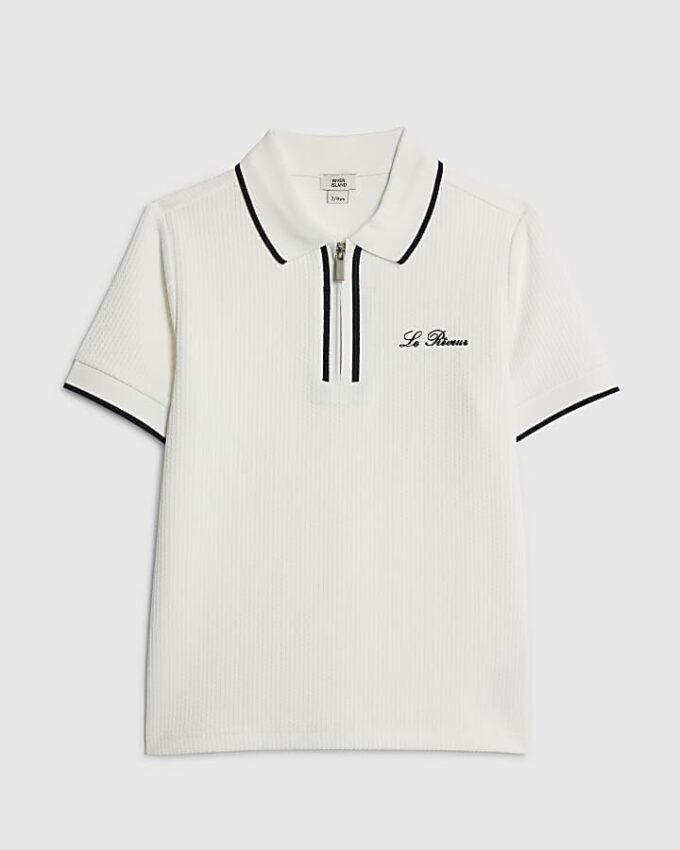 Vit slim fit-polotröja med struktur för pojkar