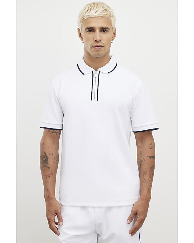 Vit slim fit-polotröja med textur och dragkedja