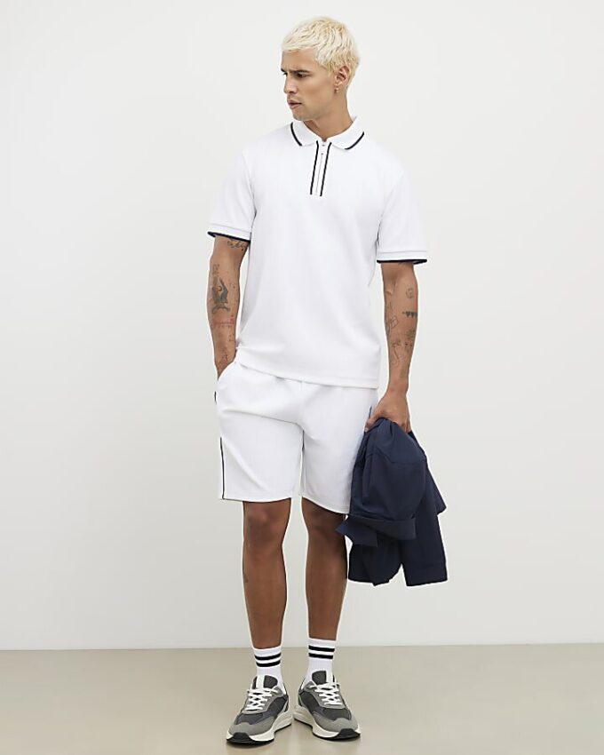 Vit slim fit-polotröja med textur och dragkedja