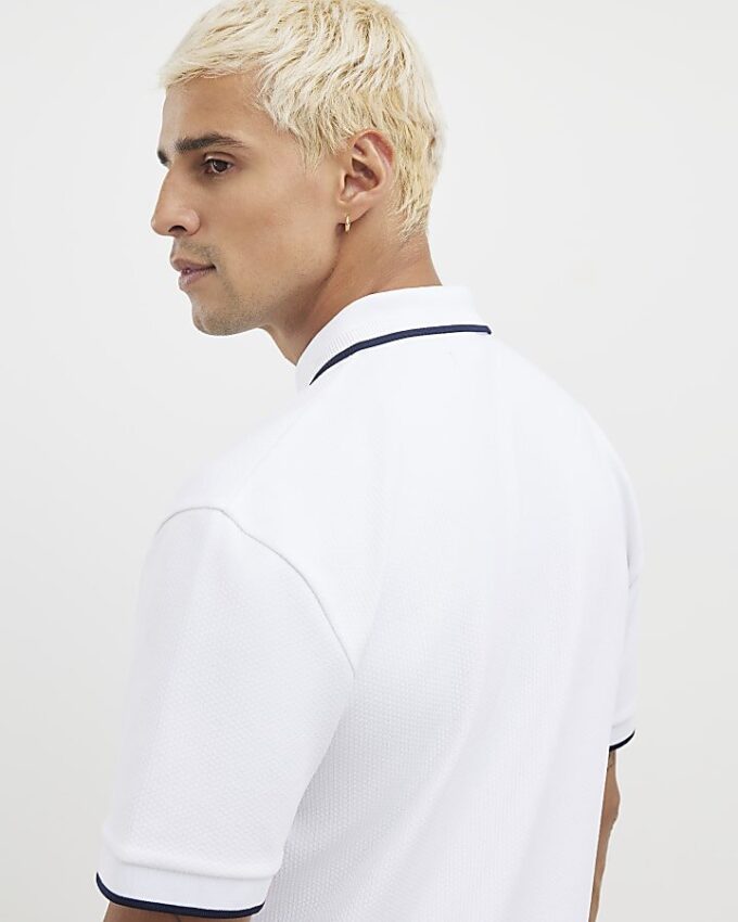 Vit slim fit-polotröja med textur och dragkedja