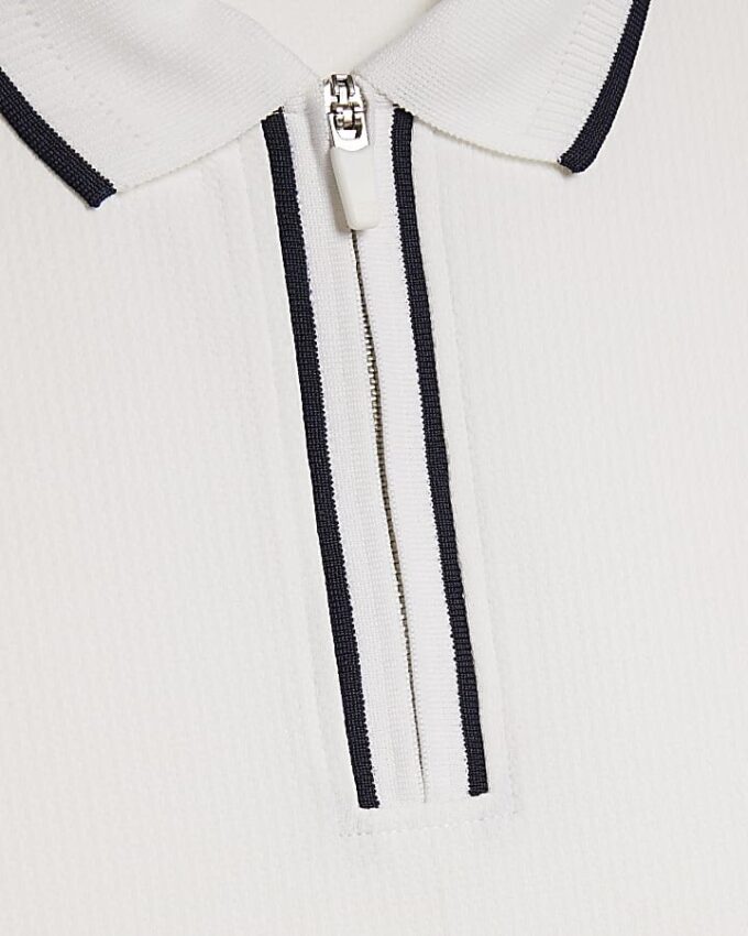 Vit slim fit-polotröja med textur och dragkedja