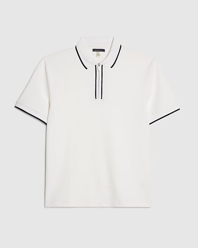 Vit slim fit-polotröja med textur och dragkedja