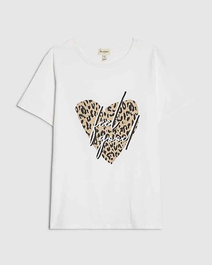 Vit T-shirt med leopardhjärta och Feel Good-folie