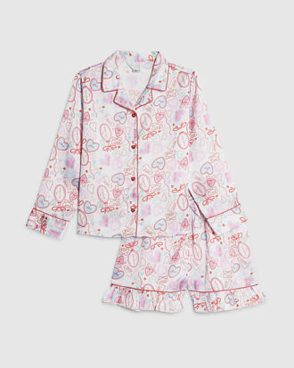 Vita satinpyjamasbyxor med hjärtmönster för flickor