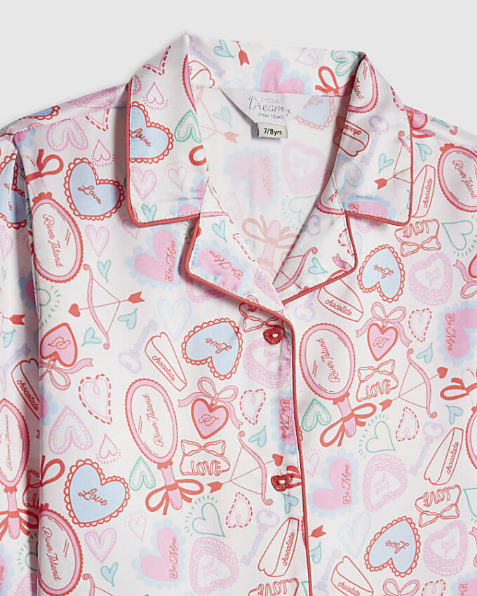 Vita satinpyjamasbyxor med hjärtmönster för flickor Vita satinpyjamasbyxor med hjärtmönster för flickor